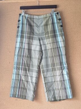 Talbots Petites 8P Plaid Silk Cotton Pants Fully Lined, Side Buttons Cropped